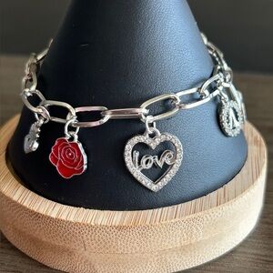 Silver or Gold Charm Bracelet with Red Rose & Charms